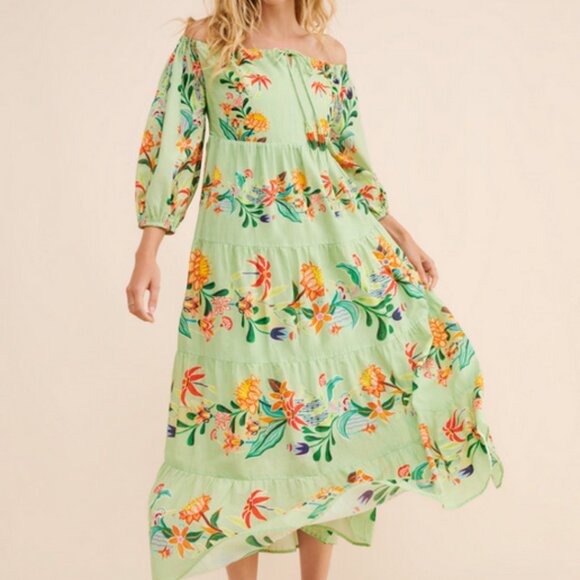Farm Rio Anthropologie L NWT Off-The-Shoulder Tiered Floral Midi Dress Large - Picture 5 of 7